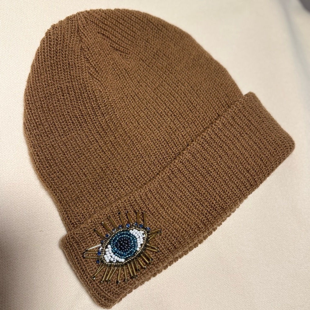 Brown Beaded Eye Knit Beanie- New, Handmade, Never Used